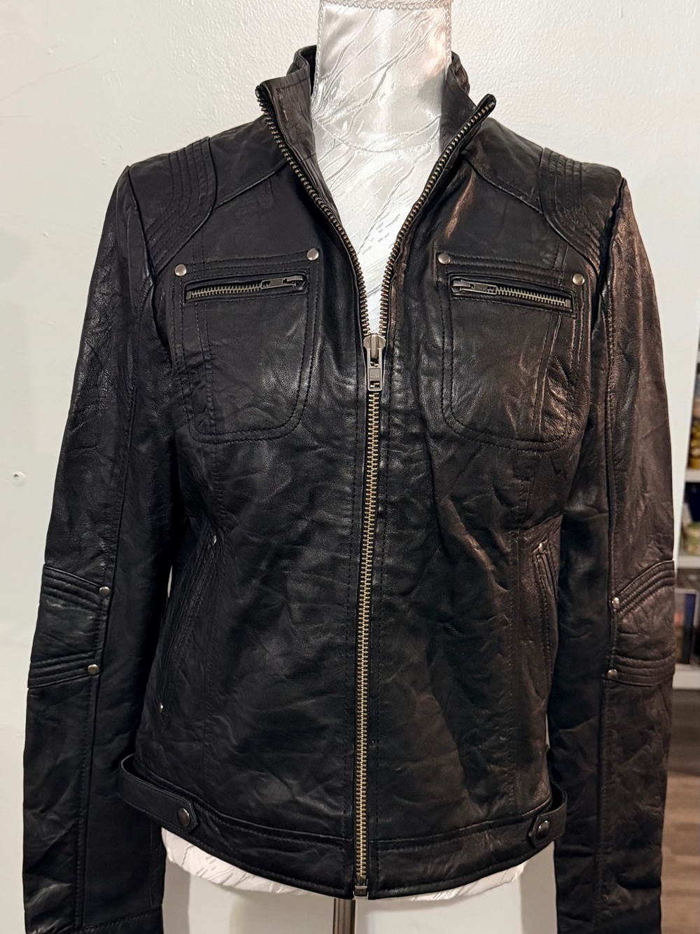 Women's Black Sheepskin Leather Lightweight Satin Liner Zip-Front Moto Jacket